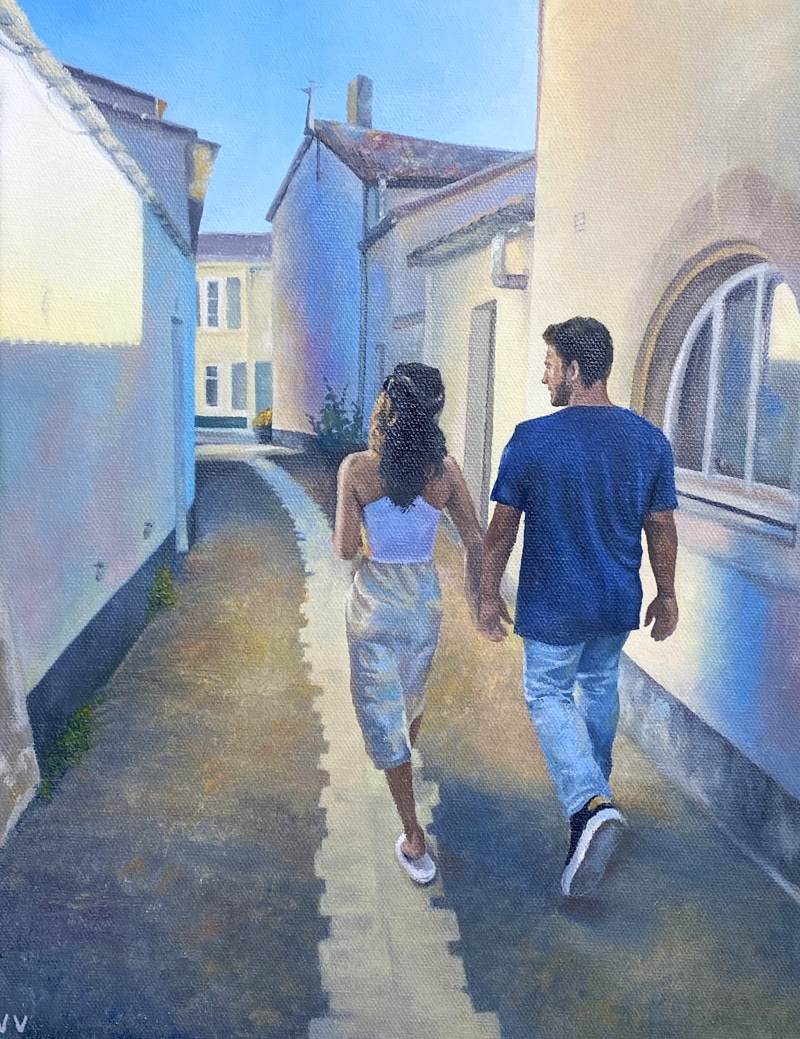 couple walking down street