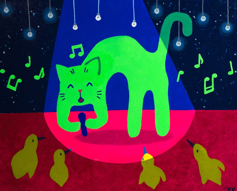 a cat singing karaoke to an audience of chicks